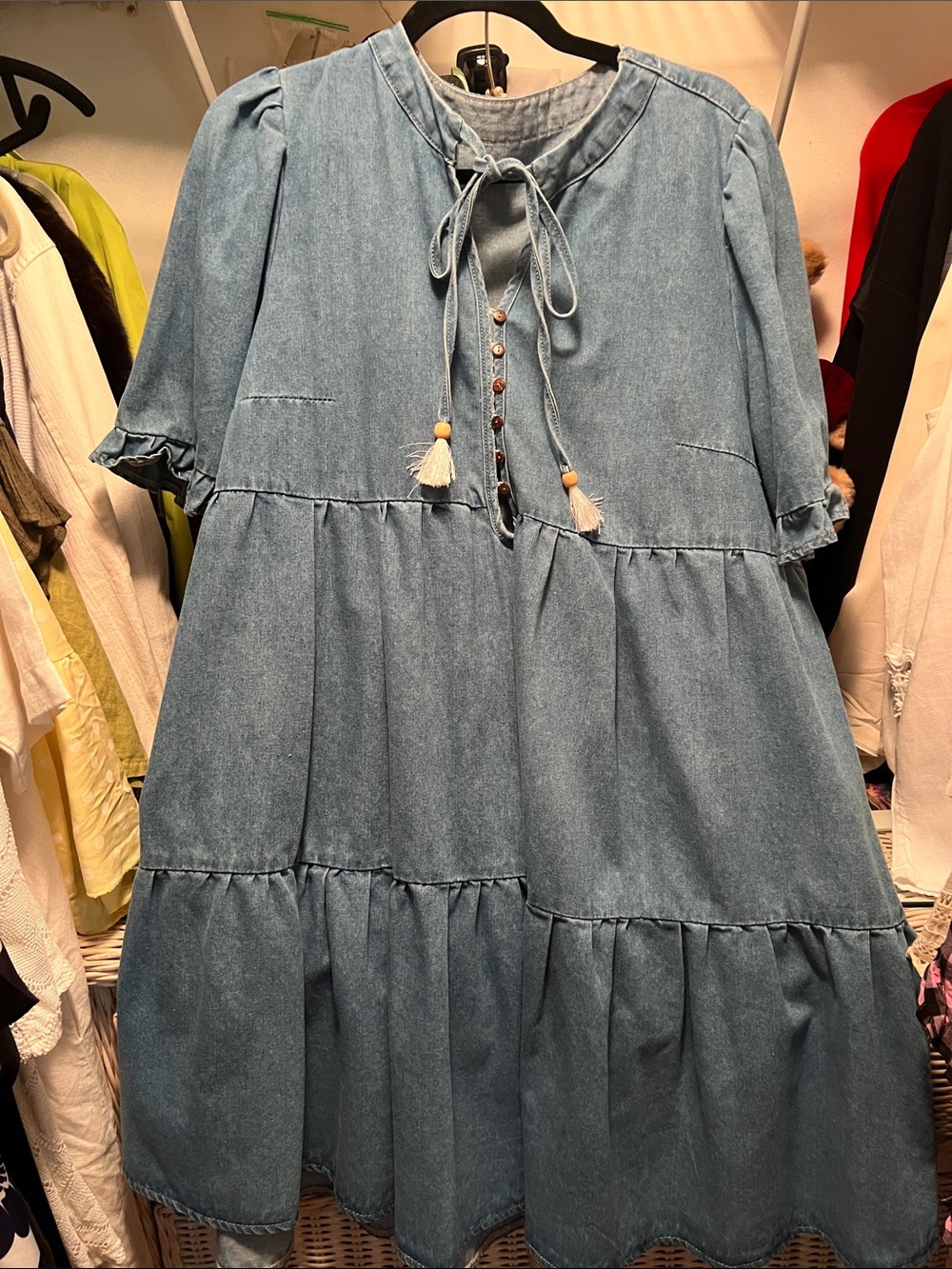 Girls' Light Blue Denim Tiered Dress with Tassel Tie